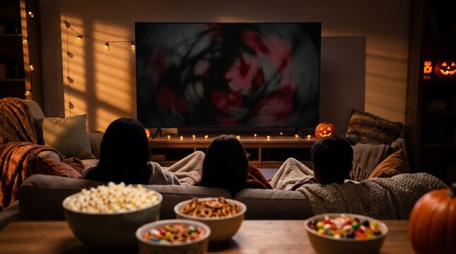 Family enjoying spooky movie night with popcorn and candy on Halloween