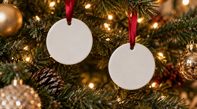 Blank white round ornaments hanging on decorated Christmas tree with red ribbons and warm festive lights, customizable holiday mockup with copy space