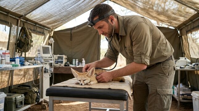 Zoologist examining small sedated animal in a field clinic