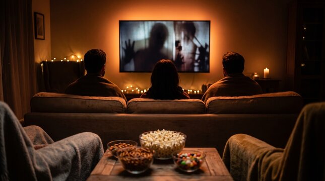 Friends watching a scary horror movie at home sitting on a cozy couch with popcorn