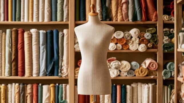 Tailor dress form mannequin standing in front of organized fabric rolls in warm cozy sewing studio shop interior