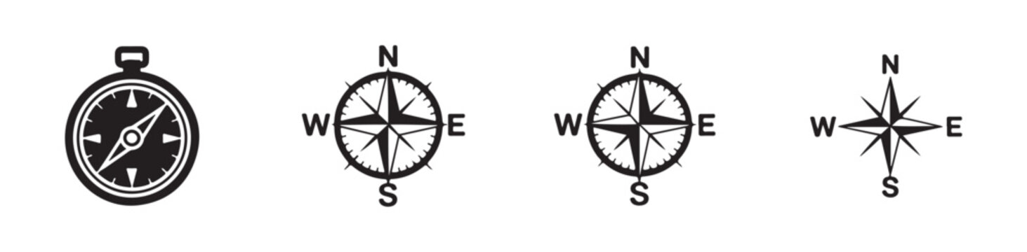 Simple compass icons and wind rose symbols, isolated on transparent background, vector graphics for navigation and travel.