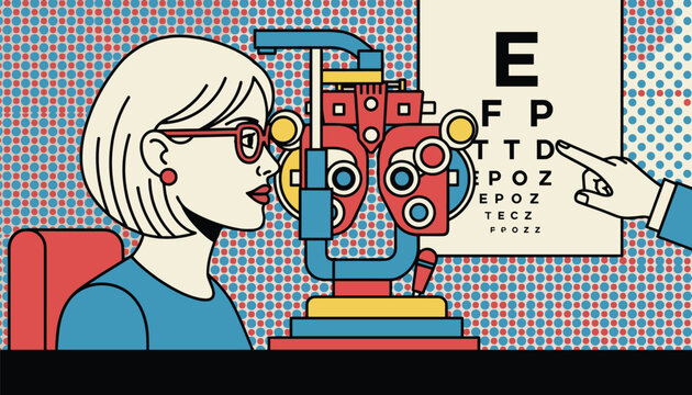 Professional eye examination scene with a woman behind a phoropter refractor looking at an optical snellen chart.