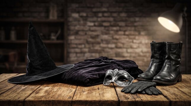 Detailed dark witch costume featuring a pointed hat black cloak ornate mask and sturdy leather boots arranged on a rustic wooden table