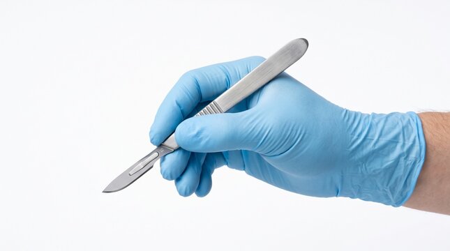 Gloved medical hand holding a stainless steel surgical scalpel isolated on a white background, representing sterile preparation, precision, safety, and professional healthcare procedures