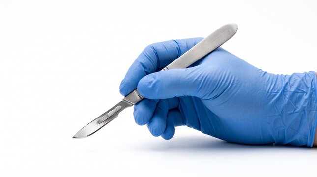 Gloved medical hand holding a stainless steel surgical scalpel isolated on a white background, representing sterile preparation, precision, safety, and professional healthcare procedures