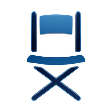 Blue glowing director chair icon with folding legs on a dark background, for cinema concepts isolated on a transparent background