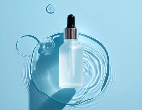 Minimal serum bottle with circular water reflection on pale blue surface