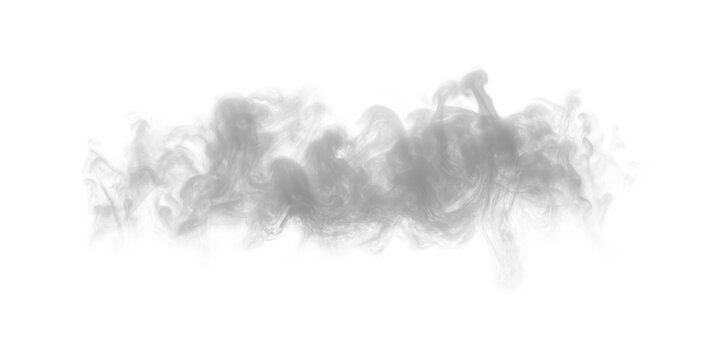 Swirling grey smoke trail isolated on transparent background. Wispy steam and fog overlay. Atmospheric vapor design element
