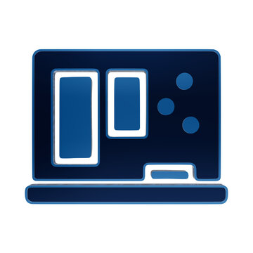 Blue glowing digital chalkboard icon with geometric shapes, charts, and educational classroom blackboard isolated on a transparent background