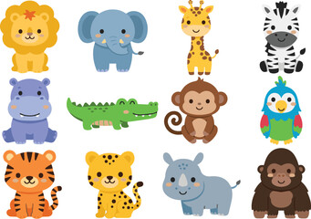 Obraz premium Cute Safari Animals Set - Lion Elephant Giraffe Zebra Collection