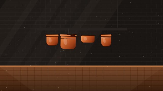 hanging copper pots on brick wall floor