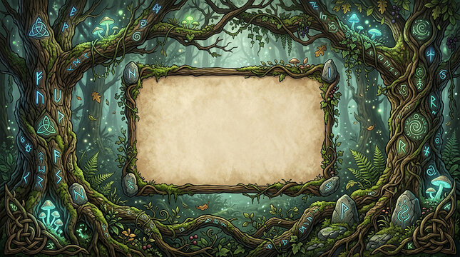 Mystical forest frame with ancient runes on wooden plaque in enchanted woodland.