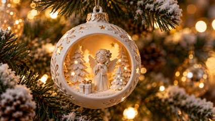 Fototapeta premium Glowing Christmas ornament with praying angel, miniature snowy trees and gift hanging on festive tree with warm golden lights