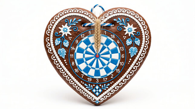 German gingerbread heart Lebkuchenherz with dartboard target and wheat ear in bullseye isolated on white background, oktoberfest party game and pub concept