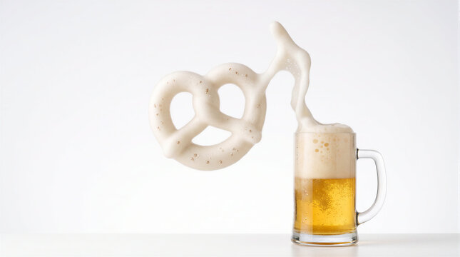 Glass mug of beer with foam splashing in shape of pretzel isolated on white background, oktoberfest celebration, german brewery and craft beer concept