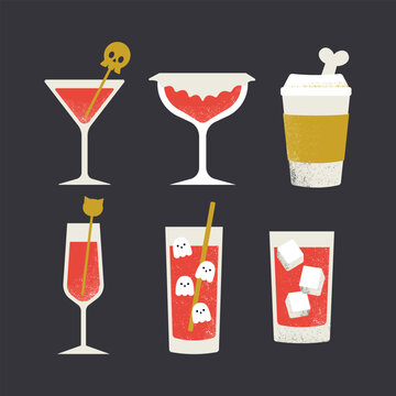 Halloween cocktails and coffee with skull, ghost and bone garnish