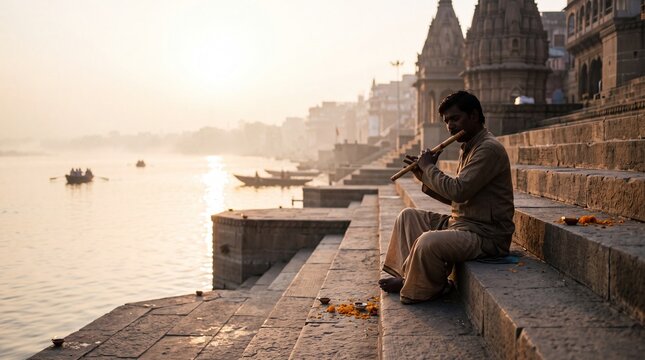 Flute Player on Varanasi Ghat Steps at Golden Sunrise Beside the Ganges River with Misty Boats and Temples