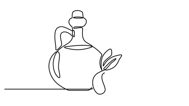 Abstract bottle with olive and branch with olives. Self drawing animation one continuous line draw, The best quality olive oil. National Olive Day. Full length animation