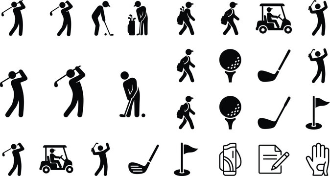 Golfer Pictogram and Golf Sport Silhouette Icon Set with Equipment Symbols