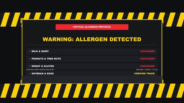 Critical allergen protocol warning screen with yellow striped border
