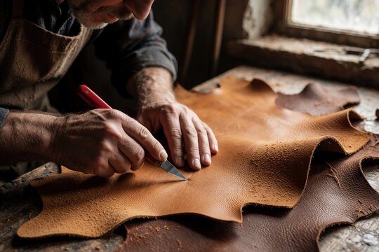 Skilled craftsman uses sharp knife to cut large brown leather hide in rustic workshop. Male artisan works on handmade goods using pro tools. Close up of hands performing manual leather craft in