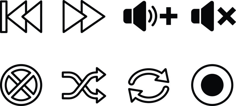 Audio Media Player Control Icon Set Featuring Volume Shuffle Repeat and Navigation Arrow Vector Elements