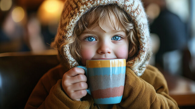 Cute little child with bright blue eyes wearing warm winter hat holding colorful ceramic cup indoors cozy atmosphere family lifestyle sweet innocent adorable portrait beautiful happy kid morning bever
