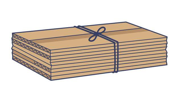 Bundled stack of corrugated cardboard sheets tied securely with string on a clean white background.
