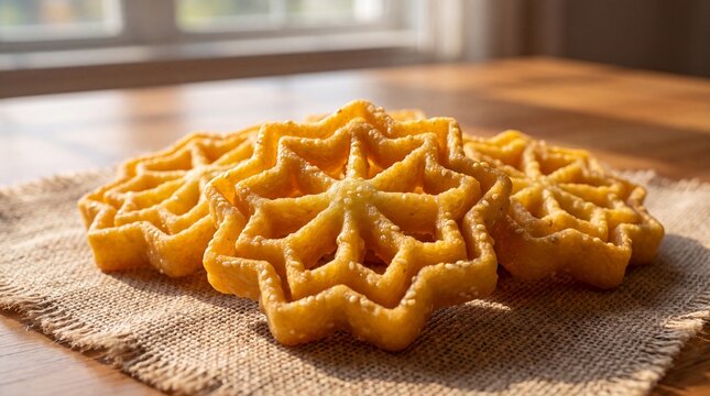 Golden-brown crispy Kokis rosette cookies arranged on a burlap cloth under warm sunlight, generative AI