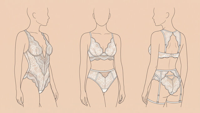 White Lace Lingerie Technical Fashion Illustration Set with Bodysuit Bra Briefs and Garter Belt