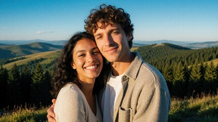 Obraz premium Happy young couple hugs at mountain overlook. Smiling man, woman embrace in nature. Beautiful landscape with green forest, hills under blue sky. Romantic lovers enjoy summer vacation, scenic view on