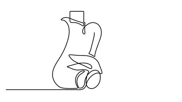 Abstract bottle with olive and branch with olives. Self drawing animation one continuous line draw, The best quality olive oil. National Olive Day. Full length animation