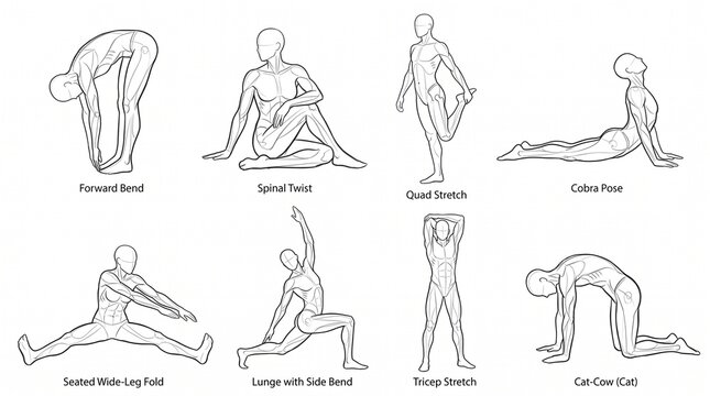 Set of human figures demonstrating various yoga poses and stretching exercises for fitness.