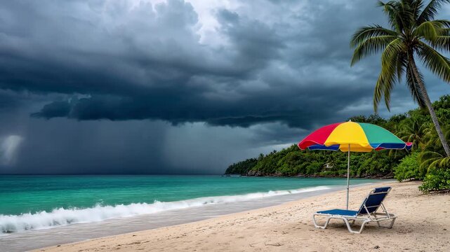 Storm clouds gathering over tropical beach with colorful umbrella and lounge chair. Panning shot of approaching rain on turquoise ocean.