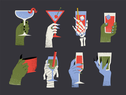 Monster hands holding Halloween cocktail glasses, flat textured vector