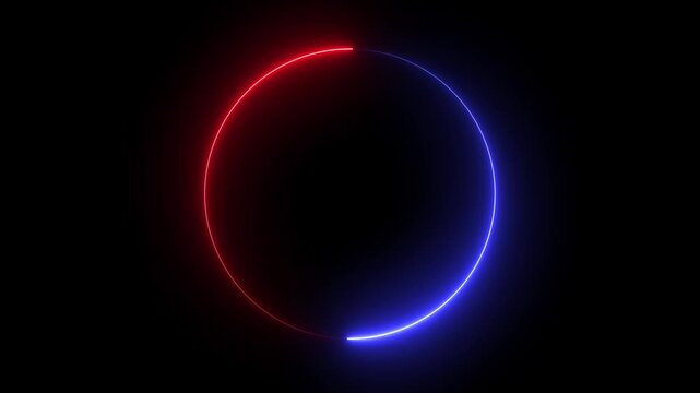 Glowing red and blue neon light circle loop on black background