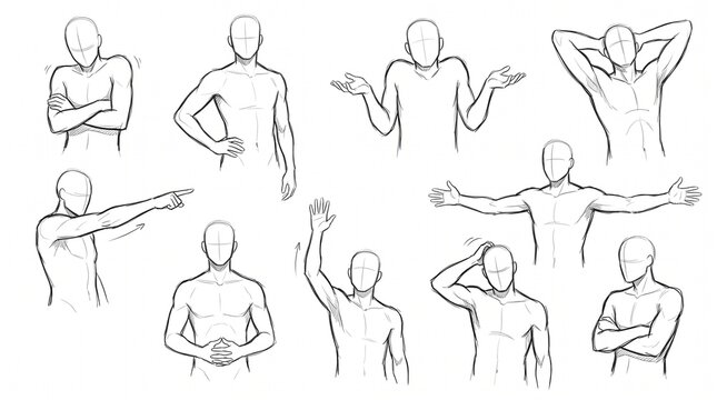 Set of various male body poses for character design and drawing reference.