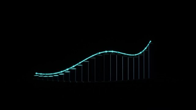 Financial growth chart with glowing cyan nodes and ascending bar columns rises horizontally against a dark background in a 3D animation