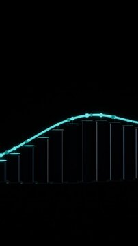 Glowing cyan trend line and financial columns rise steeply in a vertical data visualization against a dark backdrop in a 3D animation