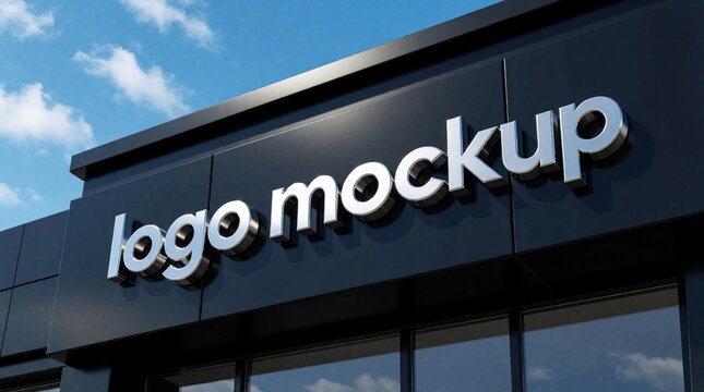 3D silver logo mockup on black building facade. Modern metallic sign board for outdoor advertising on retail shop exterior. Realistic branding template for business identity. Commercial storefront
