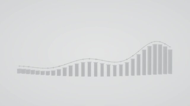 Minimalist financial chart with grey bar columns and a curving node line displays economic data against a clean studio backdrop in 3D