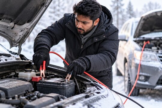 Man Jump Starting Dead Car Battery with Jumper Cables During Freezing Snowy Winter Weather