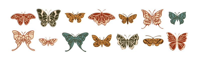 Butterflies with line art patterns on wings. Set of different abstract butterflies and moths. Collection of various moths with cute patterns on wings. Stamps with cartoon summer flying insects © Paper Trident