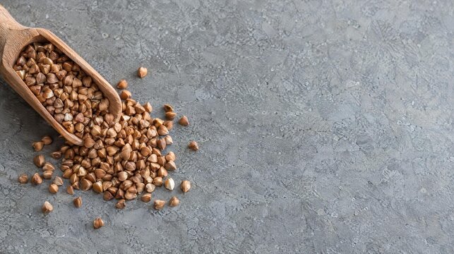 Toasted buckwheat spilling from a wooden scoop onto stone
