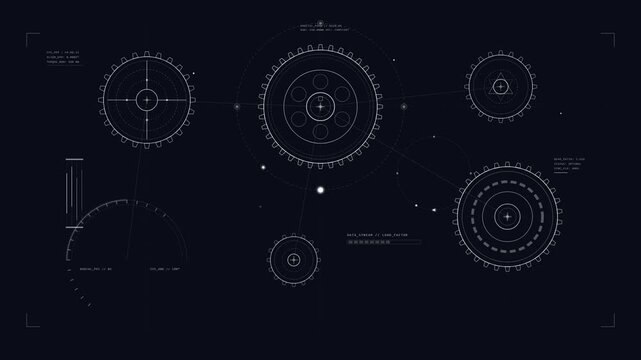 Data stream and load factor gear technology icon set with HUD interface