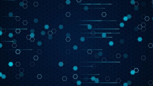 Abstract futuristic corporate technology background featuring glowing blue hexagon grid patterns and moving data pulses in a perfectly seamless loop for tech presentations and cyber security videos.