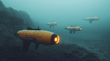 Obraz premium A fleet of autonomous yellow underwater drones explore the dark ocean floor, navigating through misty water near rocky terrain in a mysterious deep sea expedition captured in cinematic futuristic styl