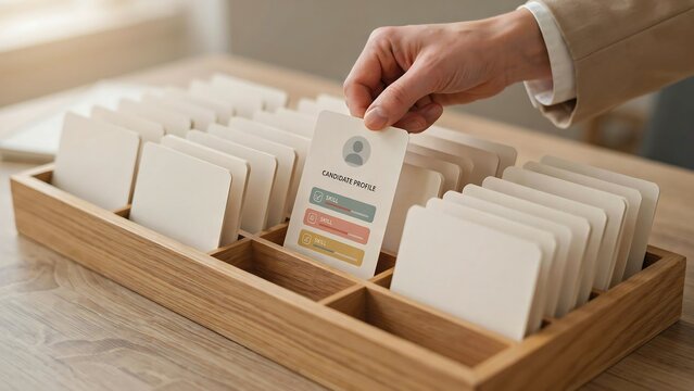 Personnel selection and recruitment process concept photo. Hand of an HR manager picking a candidate resume card from a wooden filing box