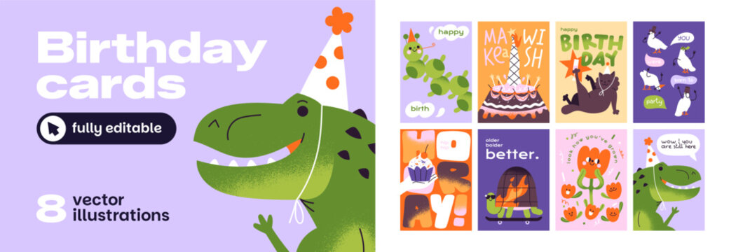 Birthday cards design set. Greeting cards for birthday parties with cartoon animal characters. Cute template with congratulations for kids anniversary. Cute gifts for event with happy characters